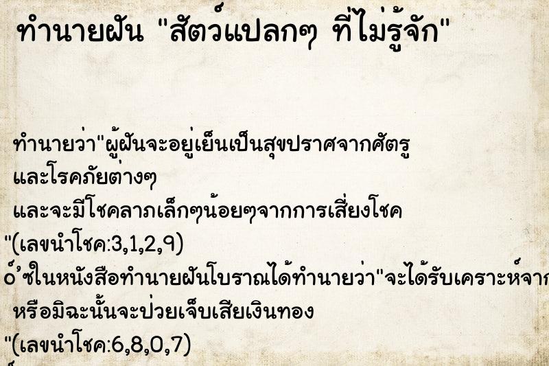 ทำนายฝันสัตว์แปลกๆที่ไม่รู้จัก ทำนายฝันทำนายฝันสัตว์แปลกๆที่ไม่รู้จัก